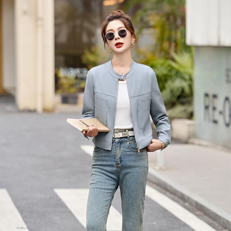 

Женская куртка из черной кожи, новый дизайн ранней весны и осени, приталенная короткая маленькая куртка-косуха XL светло-синий