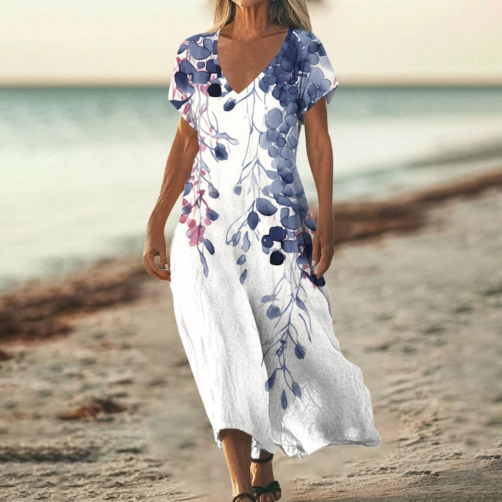 

Модное женское летнее пляжное платье с V-образным вырезом и коротким рукавом с цветочным принтом XL белый