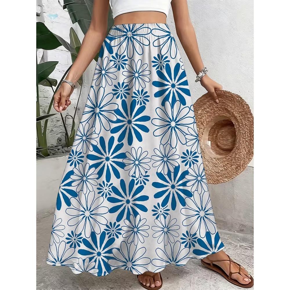 Summer Women's Skirt High Waist Elastic Waist Two-wearing Flower Print Black Vacation Party Beach Skirt