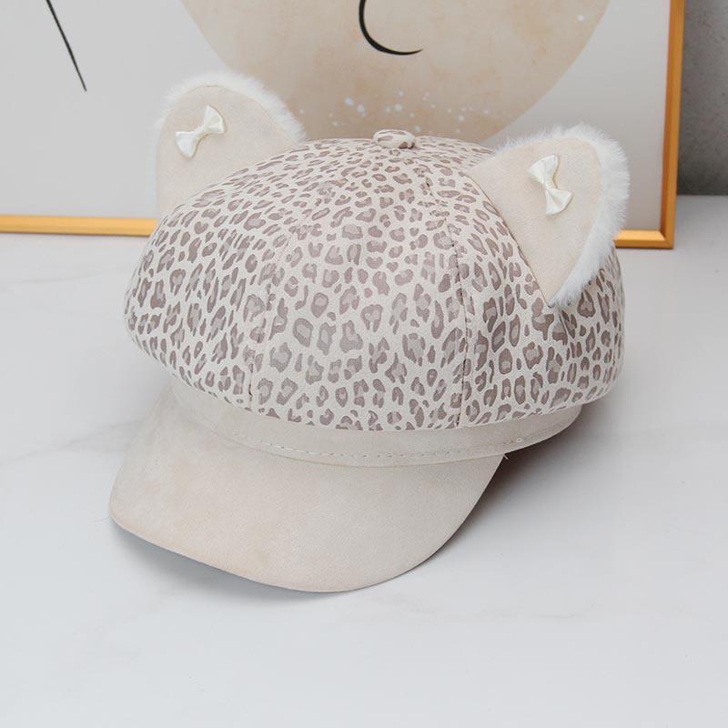 Autumn and winter new cute leopard print cat ears octagonal hat Spice girl fashion newsboy hat women warm duck tongue beret tide