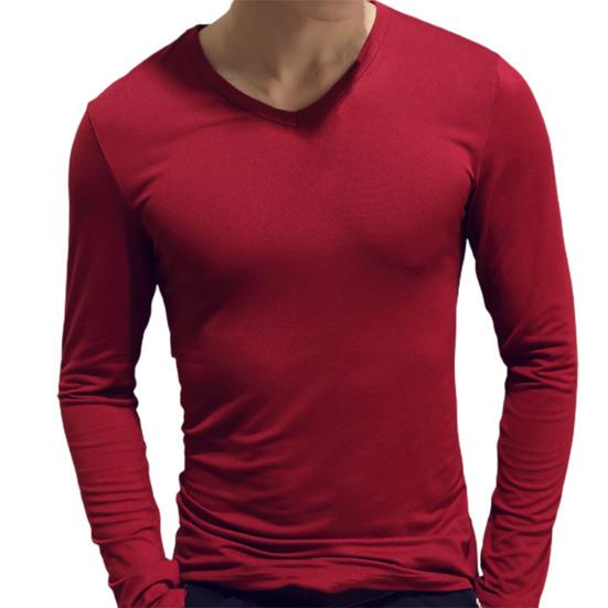 

Men Shirt Solid Color Pullover Casual V Neck Long Sleeve Slim Autumn Base Shirt for Daily Wear 3XL вина червоного кольору