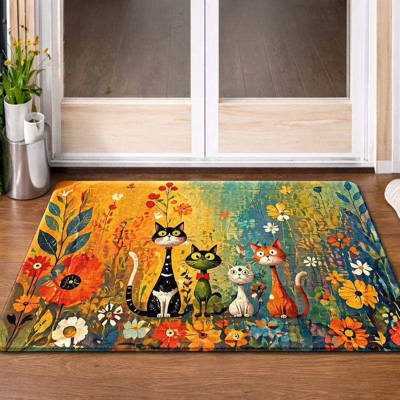 Vibrant Floral Cat Garden Doormat Entrance Rug Welcome Mat Cute Animal Boho Style Home Decor Waterproof House Mat