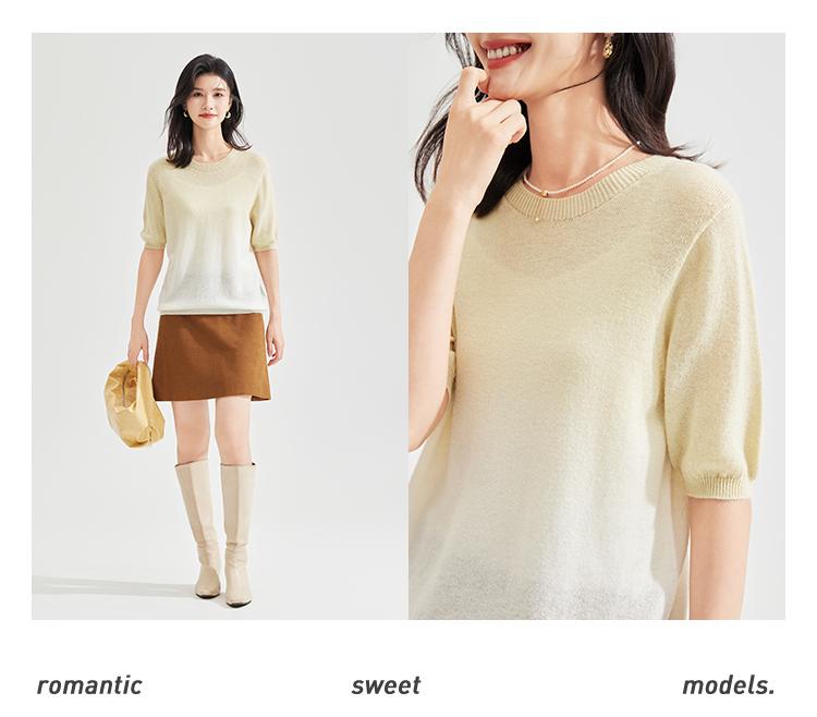 Autumn women's round neck short sleeved solid color gradient commuting versatile knitted wool sweater pullover top