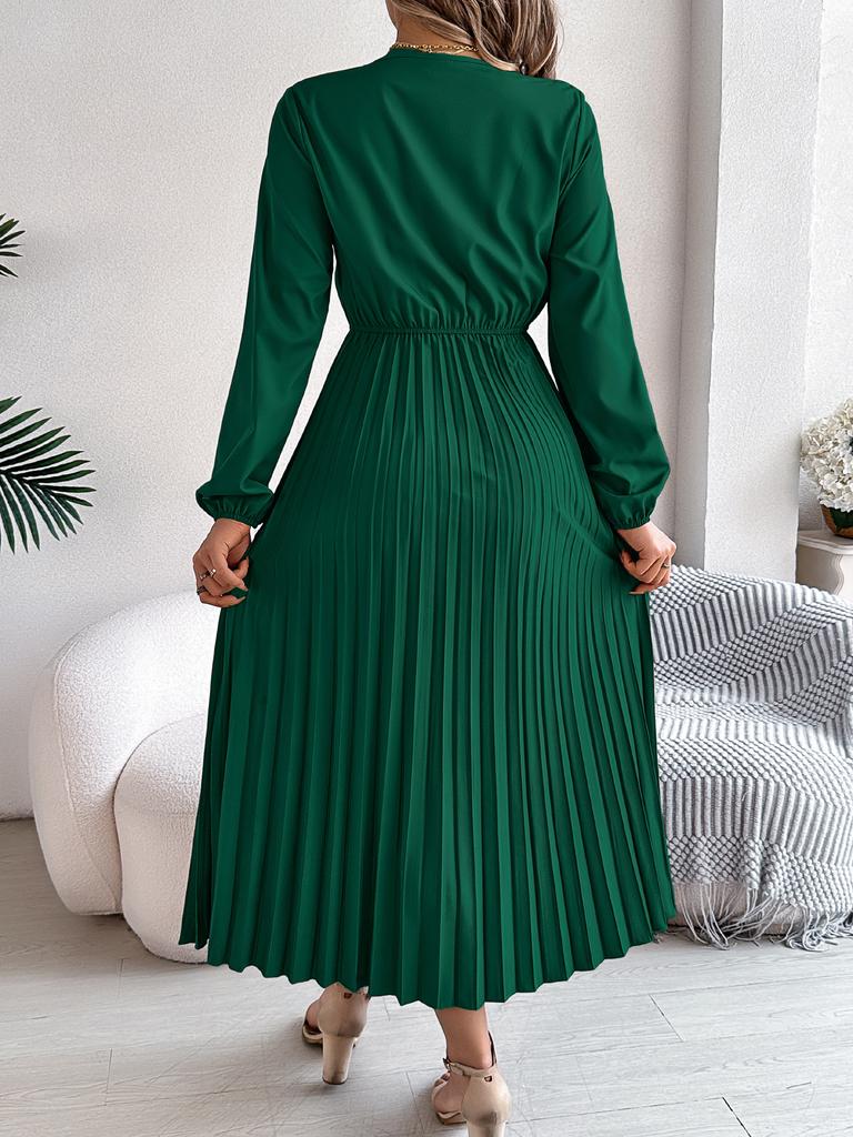 Dames Elegante Europese Stijl V-hals Kant Hoge Taille Lange Mouwen Geplooide Maxi Jurk