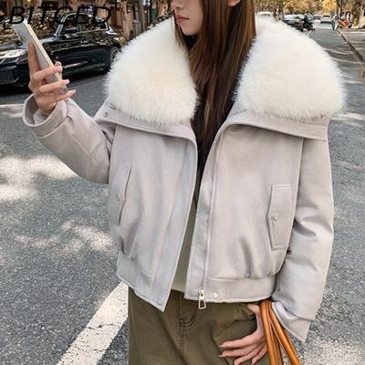BITCED Women's Short Down Jacket with Oversized Fur Collar Winter Stylish Quilted Coat Thickened Outerwear American Style