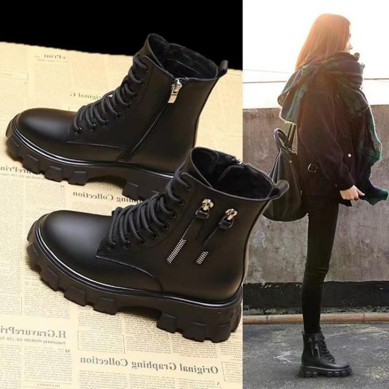 Booties 2025 New Korean Style Fleece-Lined Autumn Winter High-Top Cotton Shoes Women's Boots High Heel Mid-Calf Bootsins