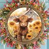 1pc, Sunflower and Highland Cattle Sign, Metal Tin Wreath Sign, Round Sign, Wreath Enhancer (8x8 Inches 20x20CM), Wall Decor