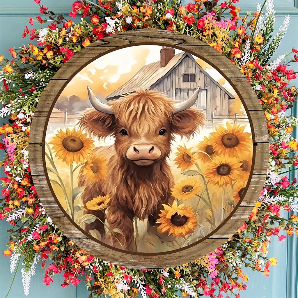 1pc, Sunflower and Highland Cattle Sign, Metal Tin Wreath Sign, Round Sign, Wreath Enhancer (8x8 Inches 20x20CM), Wall Decor