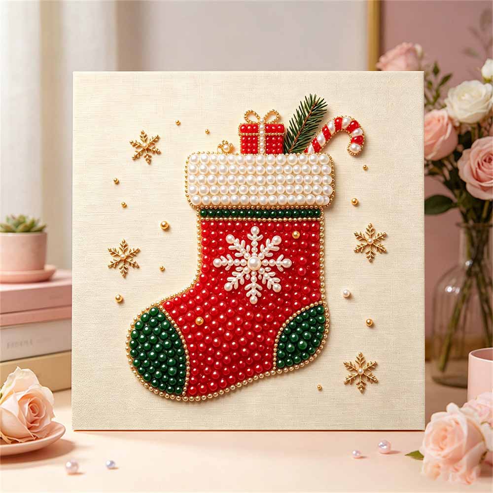 Framed Pearl Bead Art Set with Christmas Stocking Pattern DIY Sparkling Canvas Painting Relaxing Hobby Gift for Meditation Room Decoration