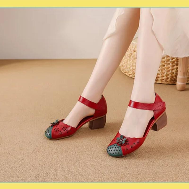 Johnature Ethnic Style Sandals Genuine Leather Thick Heel Flower Mixed Colors Women's Shoes
