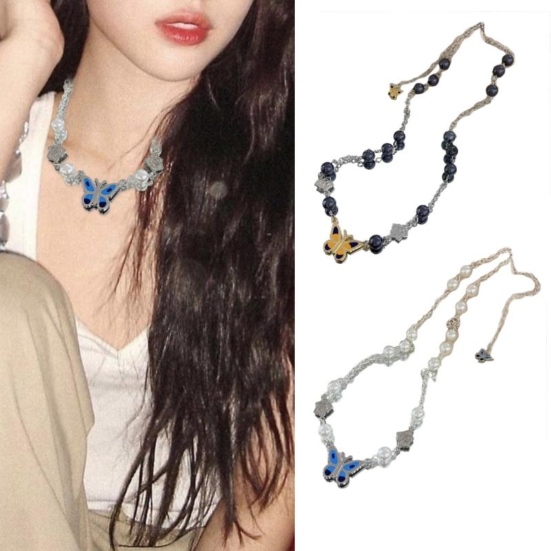 Women's Butterfly Pendant Beaded Necklace Flower Pearl Chain Necklace Y2K Clavicle Chain Choker Necklace Jewelry Gift