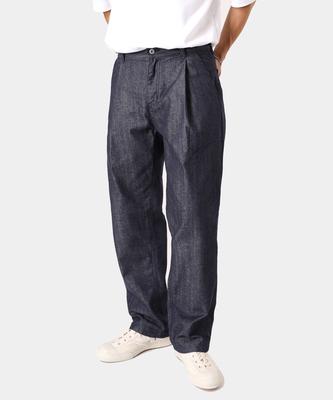 Lambeulla Slub Single-Pleat Semi-Wide Denim Pants [Indigo Blue]