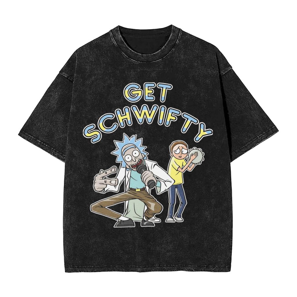 R-Rick and M-Morty Vintage Washed T-Shirt Men Polyester Clothing Kawaii Adventure Crewneck Short Sleeve