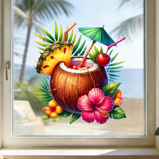 Summer Beach Window Cling Reusable Coconut Drink Pineapple Flower Static PVC Sticker Removable Hawaiian Tropical Theme Glass Decals for Living Room