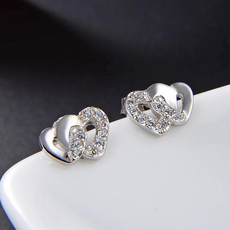 Tancise Fashion 925 Silver Double Heart-shaped Stud Earrings with Created AAA Zircon Gemstone Fine Jewelry Wedding Party Gift