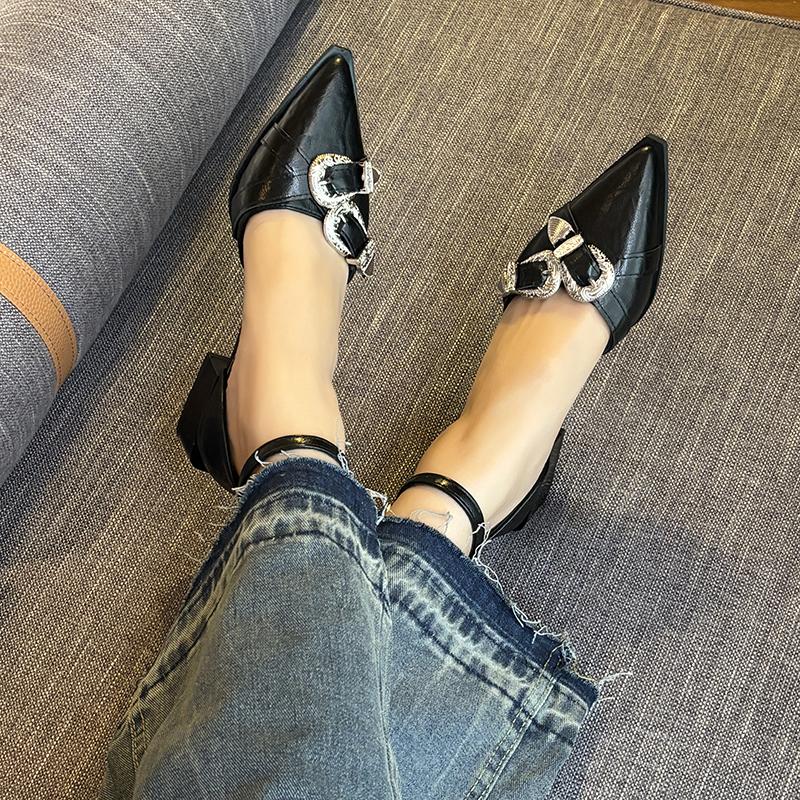 

Fashion 2025 New Hollow Block Heel Single Shoes Pointed Toe Baotou Sandals Spring and Autumn Retro Fashion Women s Shoes 40 чёрный