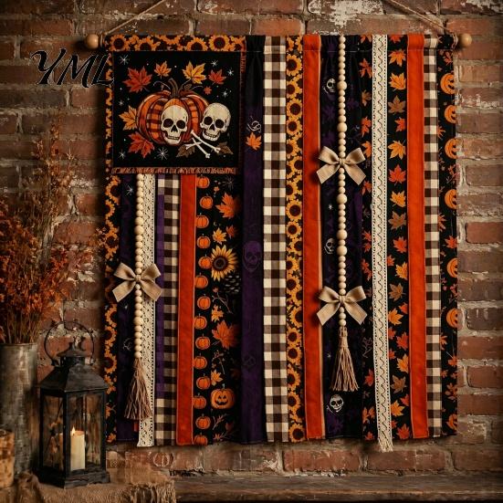 Office Party Supplies Halloween Rag Banner, Orange Black Skull Ghost Pumpkin Hanging Decoration, Rustic Indoor Outdoor Holiday Decor Fabric