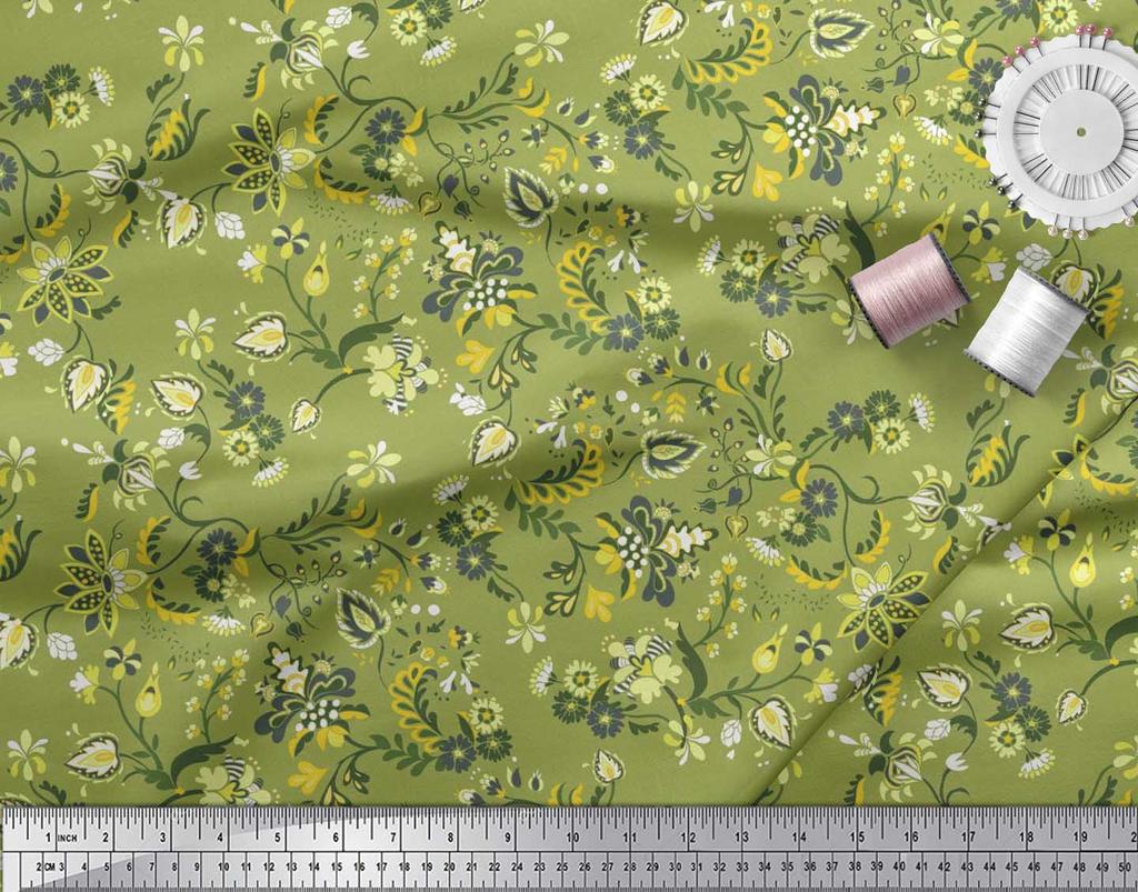 Soimoi Japan Crepe Satin Fabric Leaves & Floral Artistic Decor Fabric Printed Metre 42 Inch