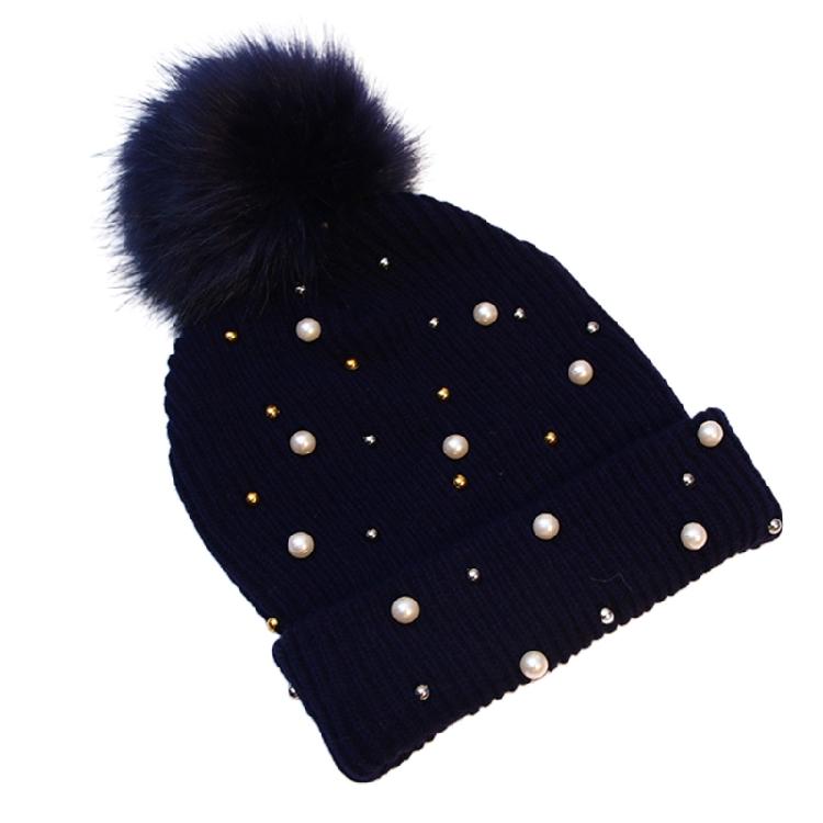 

Solid Color Pearl Pompom Wool Hat Knitted Hat Beanie Hat Thicken Stretchable темно-синього кольору