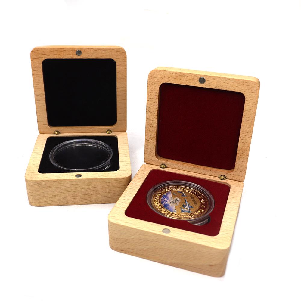 Beech Commemorative Coin & Medal Storage Box - Black & Wine Red Solid Wood