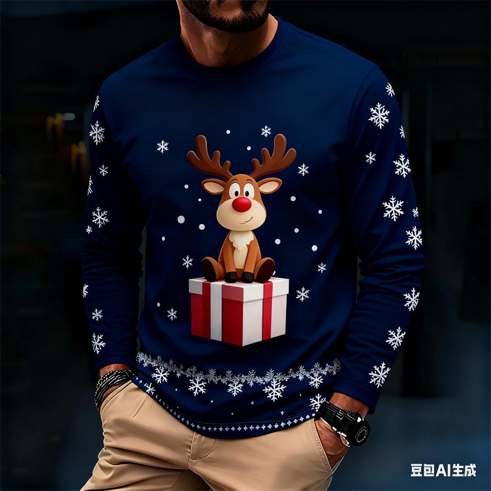 Fashionable Harajuku-style Christmas men's long-sleeve T-shirt, autumn casual round-neck loose top, fun Santa Claus design