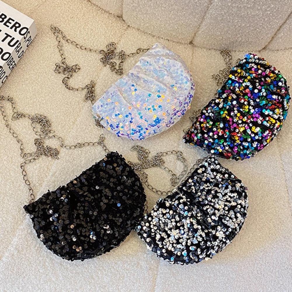 Polyester Sequin Shoulder Bag Zipper Bling Chain Bag Shell Bag Sparkling Crossbody Bag  Women