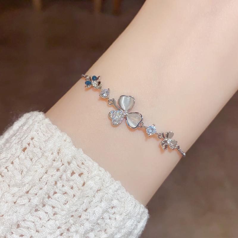 Women Luxury Niche Zircon Cat Eye Stone Petal Leaf Bracelet Fashion Jewelry