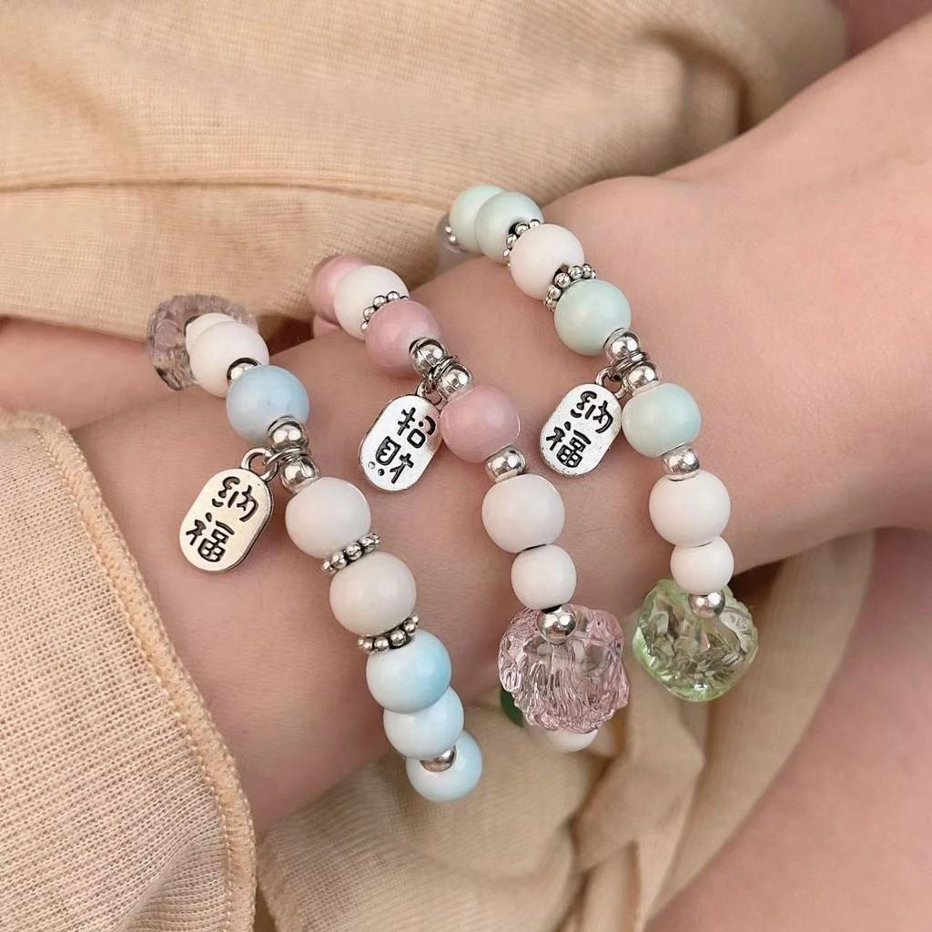 Chinese Pink Modern Ceramic Bead Bracelet With Lion Head For Travel Souvenirs