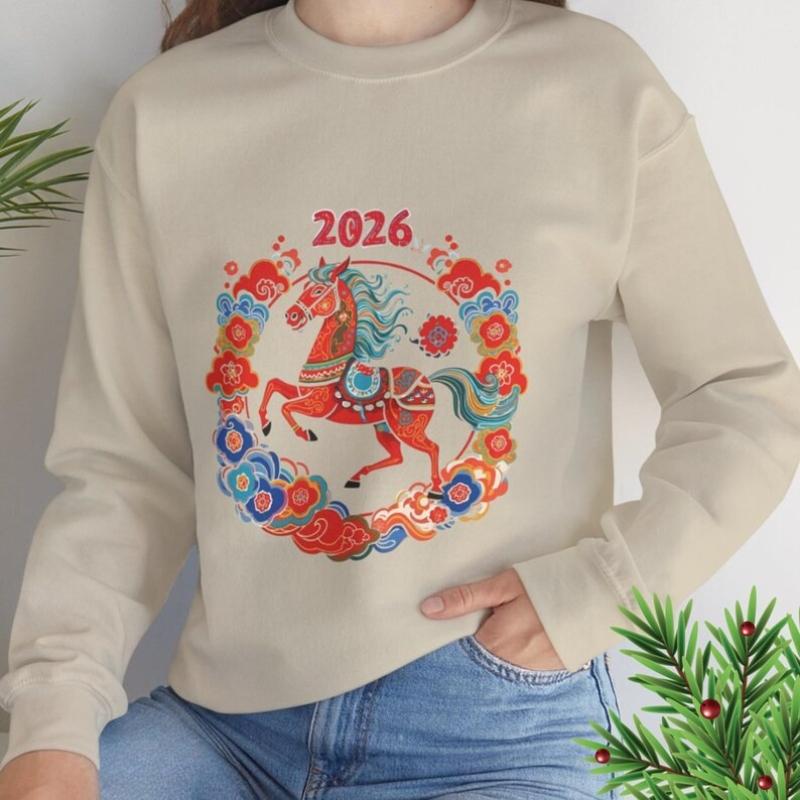 2026 Year of the Horse hooded shirt, Chinese zodiac sportswear, Lunar New Year gift, Asian festival lucky horse sweater, oriental art
