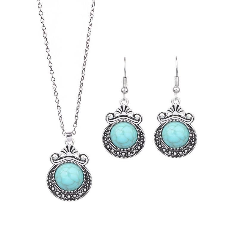 GemChic Women's New Vintage Ethnic Turquoise Geometric Carve Flower Pendant Necklace Earrings Two Piece Set Fashion Birthday Christmas Jewelry Gift
