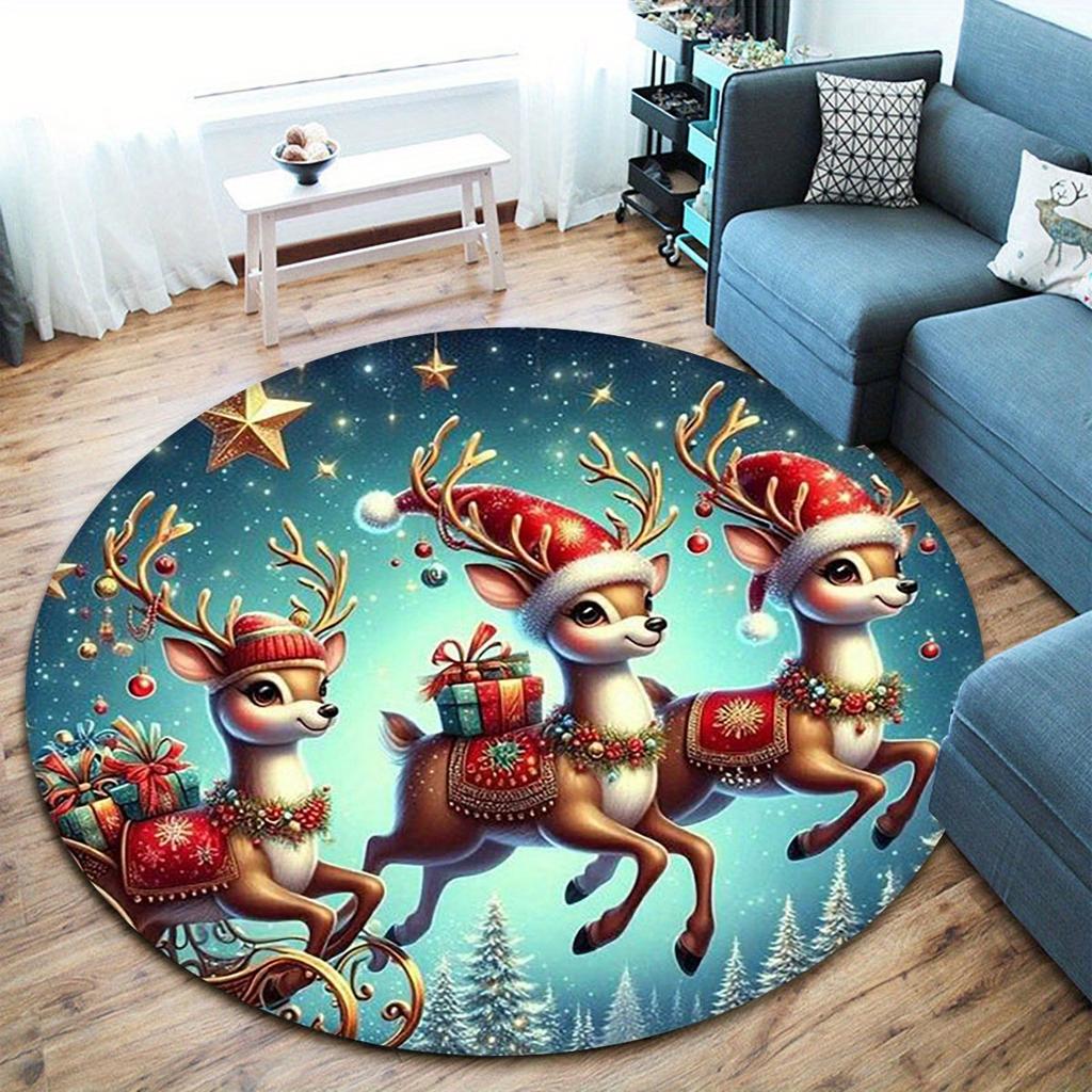 Christmas Reindeer Round Rug, Soft  Non Slip Mat, Anti Wrinkle Holiday Carpet for Living Room, Bedroom, Festive Decor