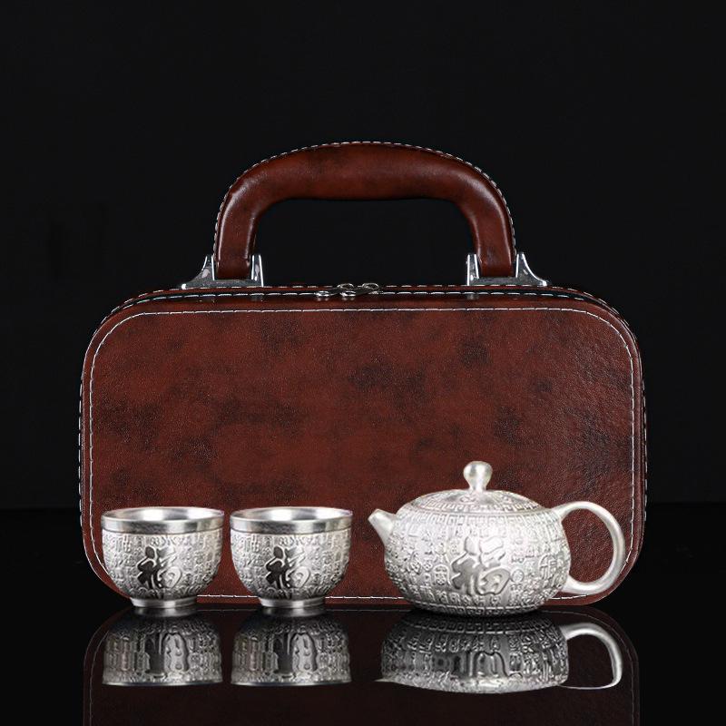 Handcrafted Dunhuang Silver-Plated Tea Set: Portable Kung Fu Gift Box Souvenir