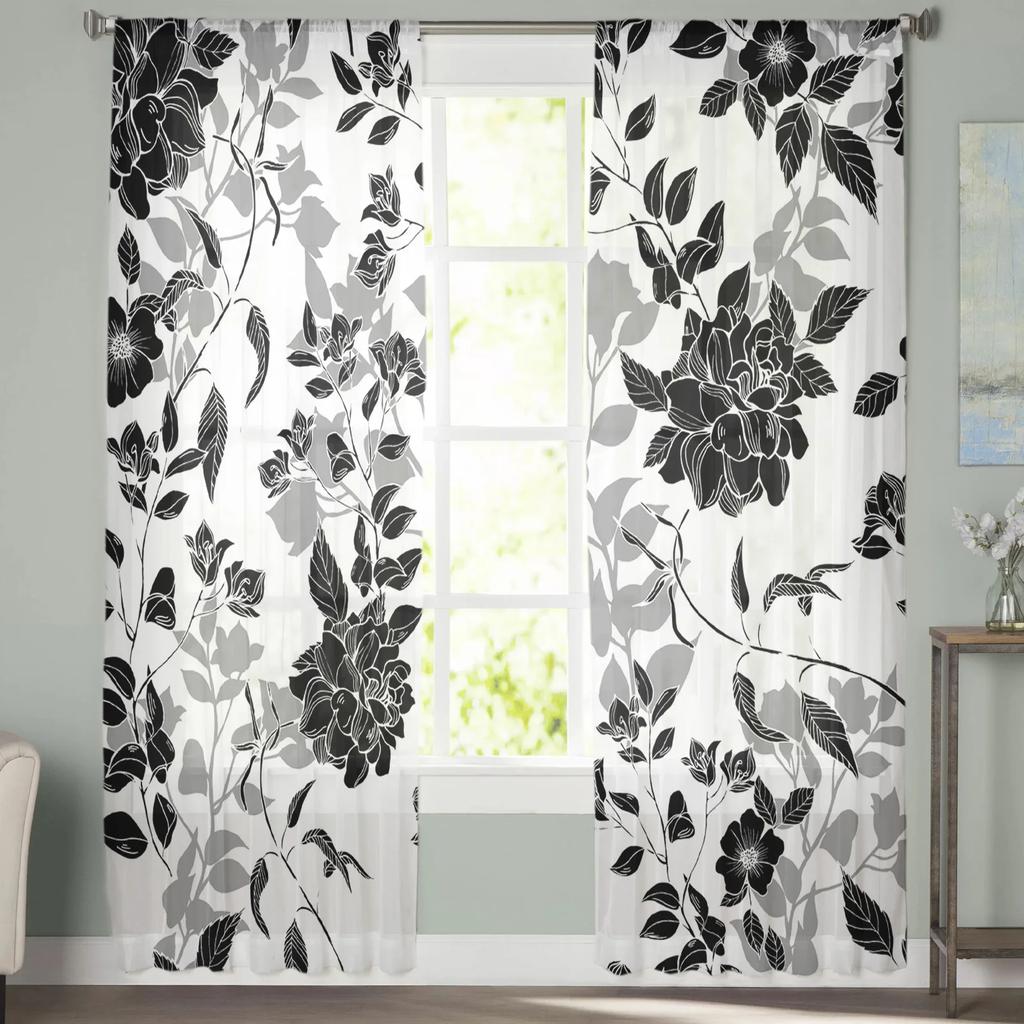 Black White Flowers Printed Curtains Drape Tulle Home Decoration Living Room Bedroom Cortinas Chiffon Window Light Filtering Polyester Great Treatment