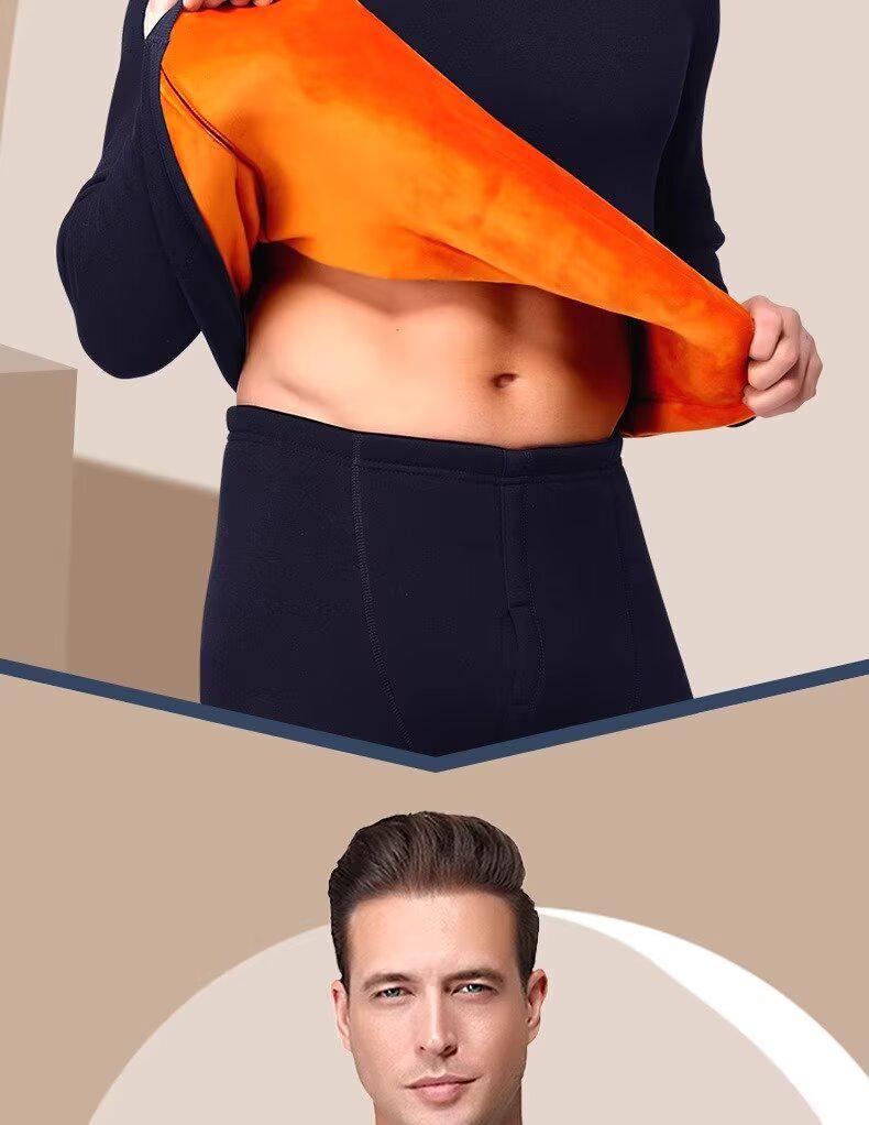 Golden Velvet Men's Cold-Proof Crew Neck Warm Underwear Set with Long Sleeve Top and Long Pants