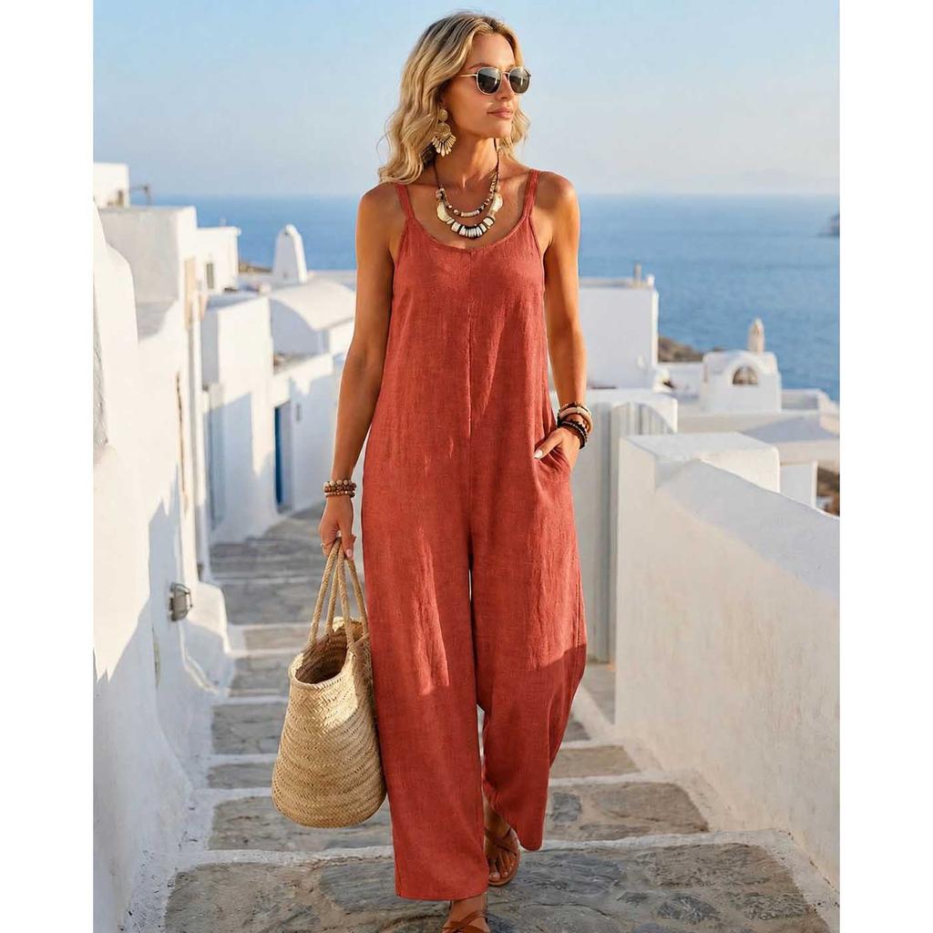 Round Neck Sleeveless Suspender Solid Color Jumpsuit With Pockets For Womens Summer Commuting Loose Casual Wide Leg Trousers