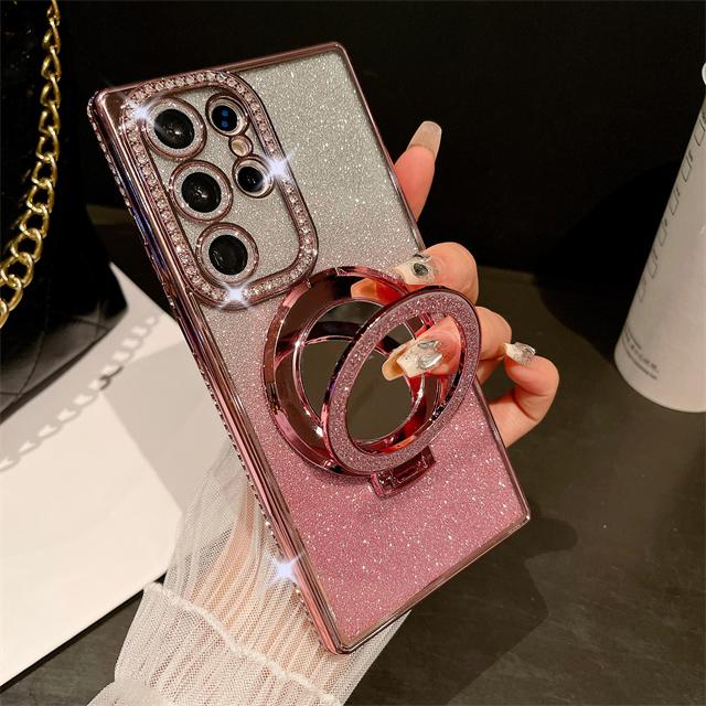 For Samsung Galaxy S23 Ultra Luxury Glitter Mirror Holder Flash Plating Diamond Frame Phone Case For Samsung S22 S24 Plus Cover