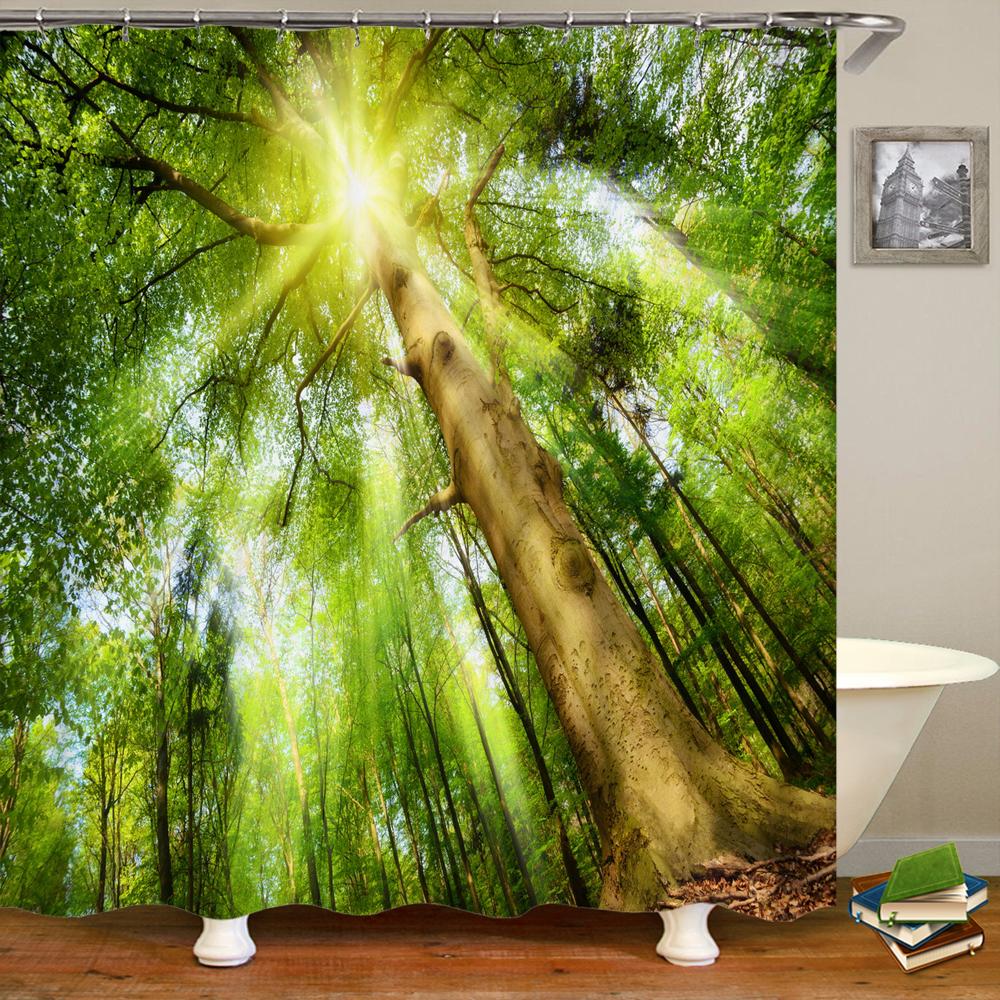 Forest Landscape Shower Curtain Garden 3D Green Plant Tree Natural Scenery Waterproof Polyester Bathroom Curtain Home Decor