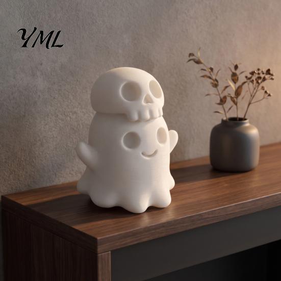 Unique Holiday Gifts 3D Printed Cute Ghost Skull Figurine, Stacked on Plastic Skeleton Decor Statue, Halloween Spooky Desktop Ornament, Fun