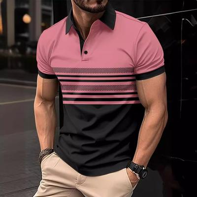 Summer New Men's Daily Sports Casual Stripe Printed Lapel Short Sleeve Pullover Shirt