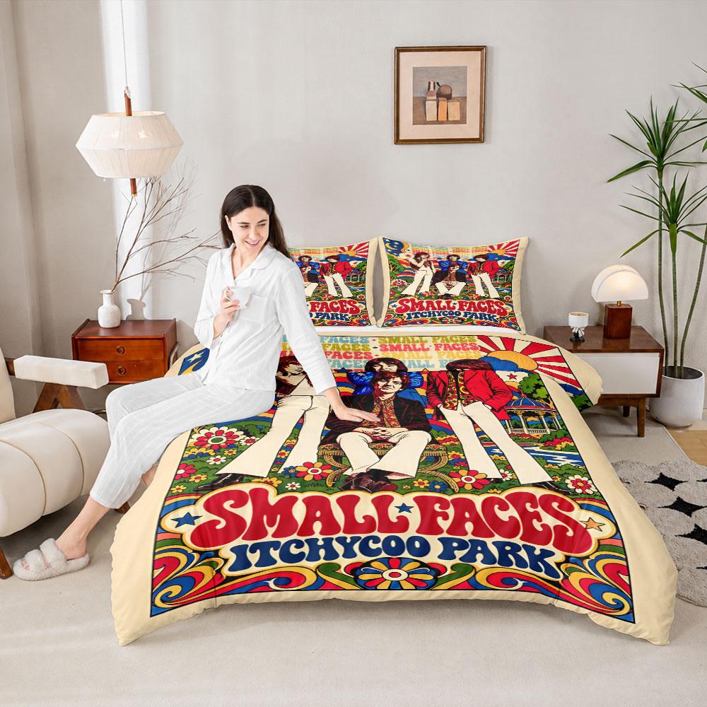 Decorative Small Faces Itchycoo Park Psychedelic Poster Multicolor Bedding Set, Reversible Duvet Cover Set for Any Season