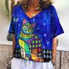 Women's T-shirt Cartoon Cat Print Summer V-neck Short-sleeved Kawaii Fashion Casual Fun Women's Retro Clothing