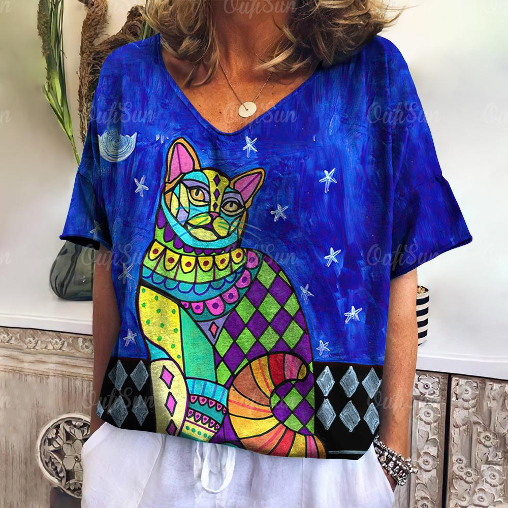 Women's T-shirt Cartoon Cat Print Summer V-neck Short-sleeved Kawaii Fashion Casual Fun Women's Retro Clothing