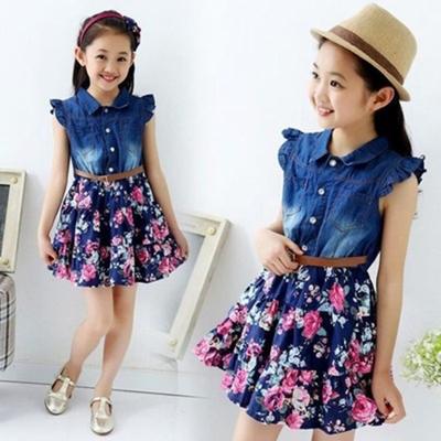 Children Dress Small Flying Sleeve Patch Pocket Kids Girls Lapel Denim