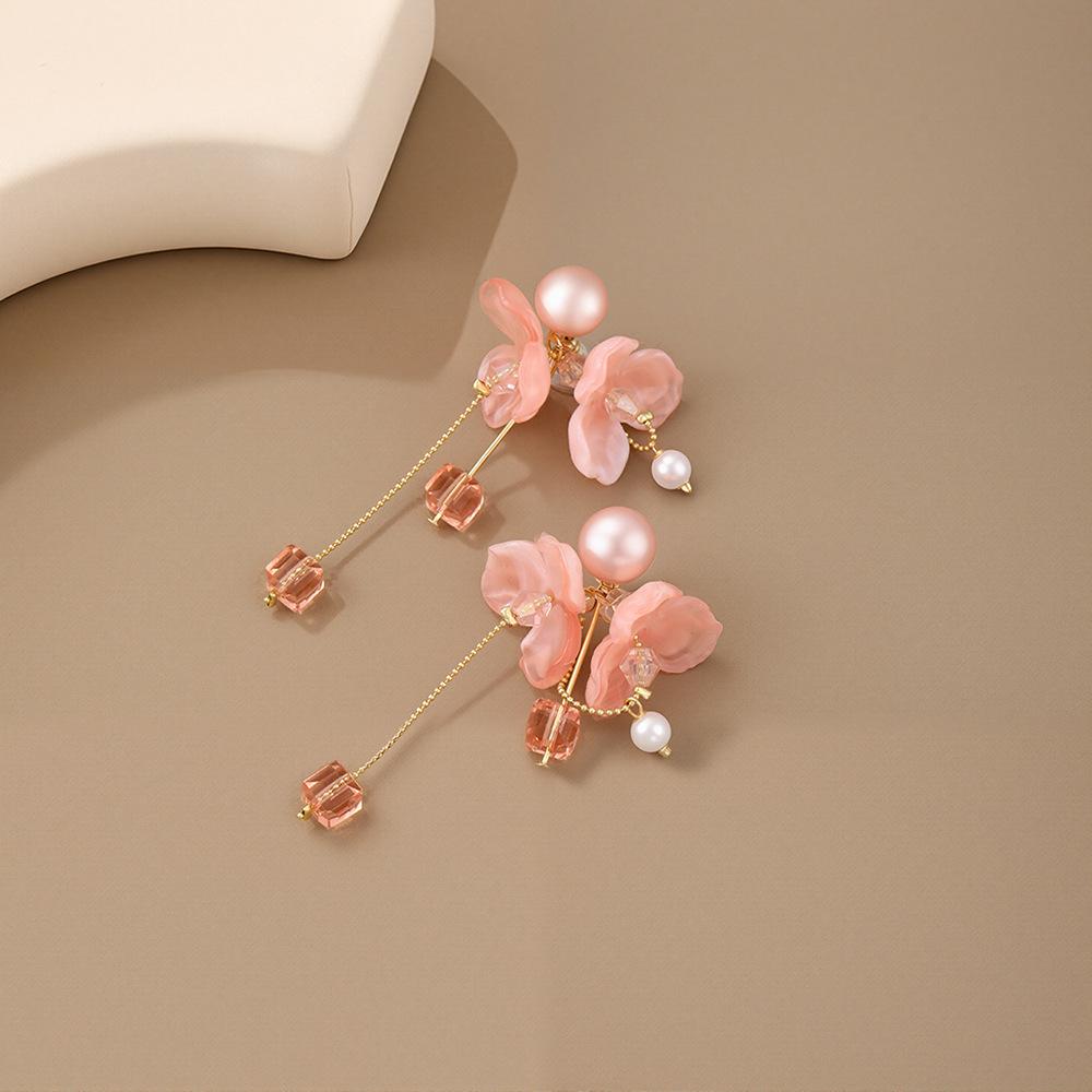 

Нежные розовые жемчужные серьги Цветочная бахрома Фея Летняя атмосфера Сахарные подвески серьги для женщин розовый
