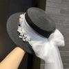 French Retro Elegant Lace Hat Flower Streamer Flat Top Big Brim Top Hat Spring and Summer Travel Sun Protection Sun Hat Women
