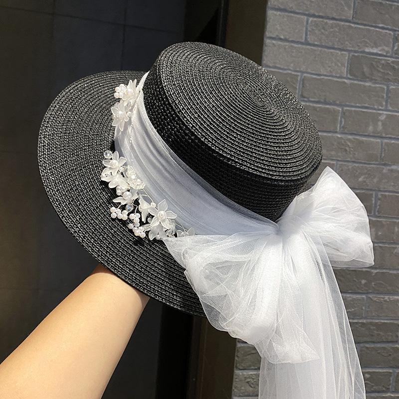 French Retro Elegant Lace Hat Flower Streamer Flat Top Big Brim Top Hat Spring and Summer Travel Sun Protection Sun Hat Women