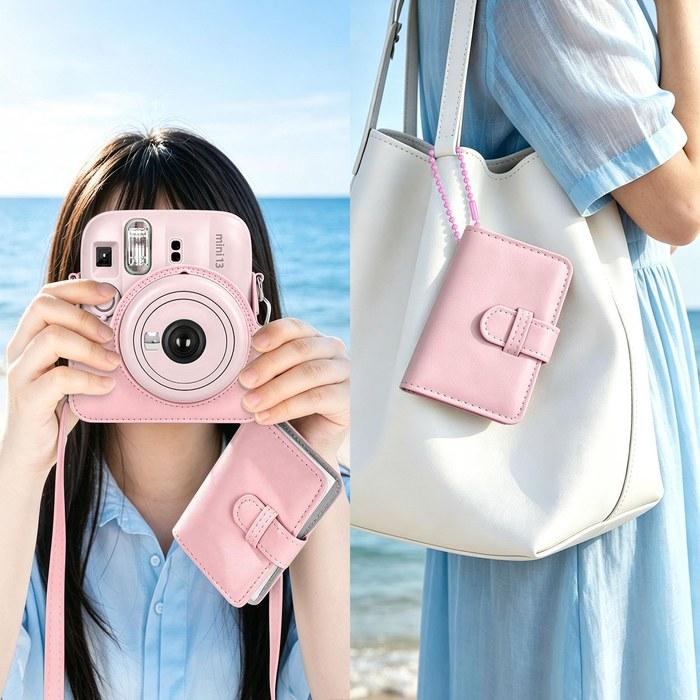 [HIYQIN] Instax Mini 13/12 PU Leather Protective Case Instant Camera Accessory Kit Pink