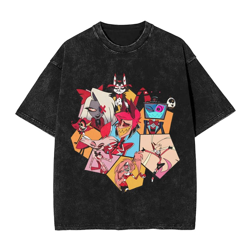 American Anime Hazbin Hotel Graphic T-shirt Washed Oversized Y2k Men Women Short Sleeve Casual Cotton Tee Crew Neck Clothing Female Male Tee Shirts