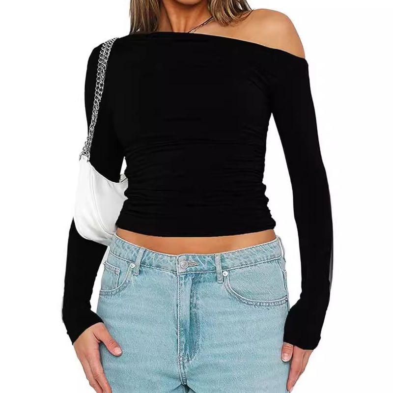 Solid Color Slanted Neck Long Sleeved Top Solid Diagonal Collar Long sleeve Top Women