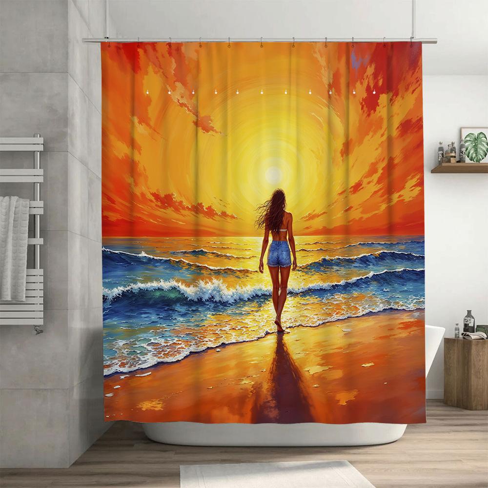 Vibrant Sunsets Shower Curtain Beaches Sunset Painting Waterproof Fabric For Bathroom Decorations
